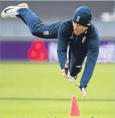  ??  ?? JUMP TO IT: England captain Eoin Morgan in training at Chester-le-Street yesterday