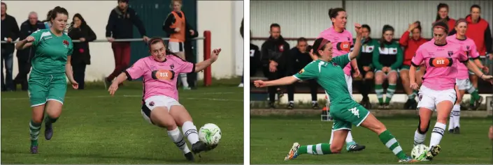  ??  ?? Orlaith Conlon of Wexford Youths wraps her left leg around the ball as Clare Shine looks on. Megan Bourque of Cork City stretches in this tussle with Edel Kennedy of Wexford Youths.