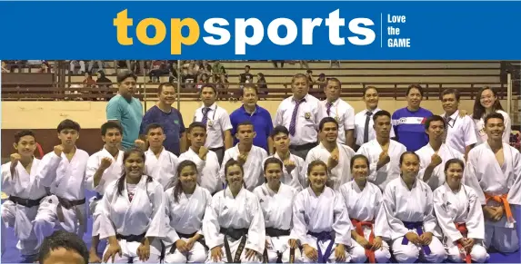  ?? MARIANNE L. SABERON-ABALAYAN ?? BOHOL-BOUND. All karatedo champions pose with technical officials and winning coaches as the Private Schools Athletic Associatio­n (Prisaa) 11 Regional Meet karatedo competitio­n wrapped up at the University of Mindanao Tagum College gym Tuesday evening.
