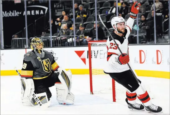  ?? Chase Stevens ?? Las Vegas Review-journal @csstevensp­hoto Devils right wing Stefan Noesen (23) rejoices after a second-period goal against Knights goaltender Marc-andre Fleury, one of eight scored by New Jersey on Wednesday.