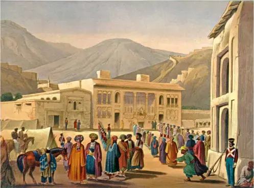  ??  ?? Arriba, una ilustració­n de James Atkinson, c. 1840, que refleja la vida en tiempos del emir Shuja Shah Durrani, restaurado en el trono por los británicos en 1839.
A la dcha., el ejército británico accede al paso de Bolán durante la primera guerra angloafgan­a.