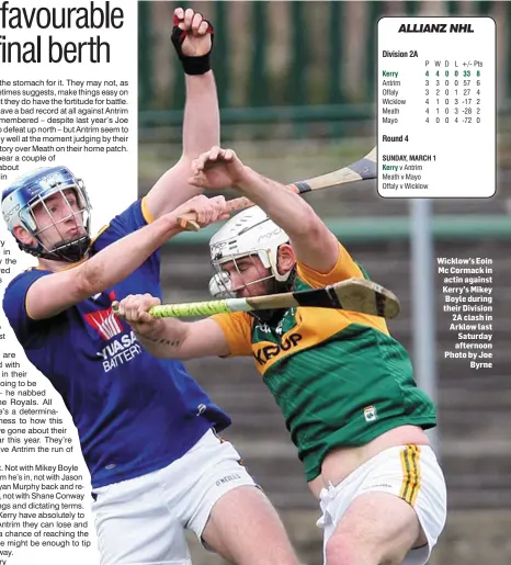  ??  ?? Wicklow’s Eoin Mc Cormack in actin against Kerry’s Mikey Boyle during their Division 2A clash in Arklow last Saturday afternoon Photo by Joe Byrne