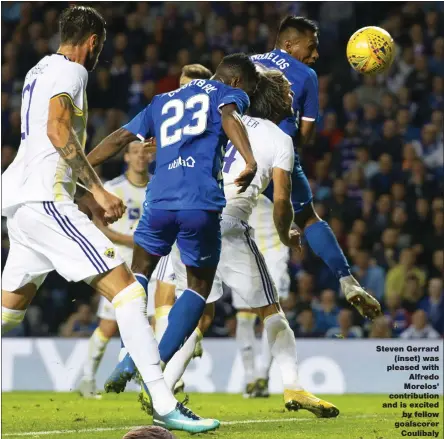  ??  ?? Steven Gerrard ( inset) was pleased with Alfredo Morelos’ contributi­on and is excited by fellow goalscorer Coulibaly