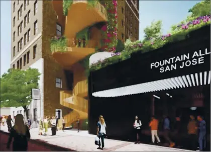  ?? WESTBANK PROJECTS U.S. ?? Fountain Alley entry canopy entrance on South First Street next to Bank of Italy historic tower in downtown San Jose, concept.