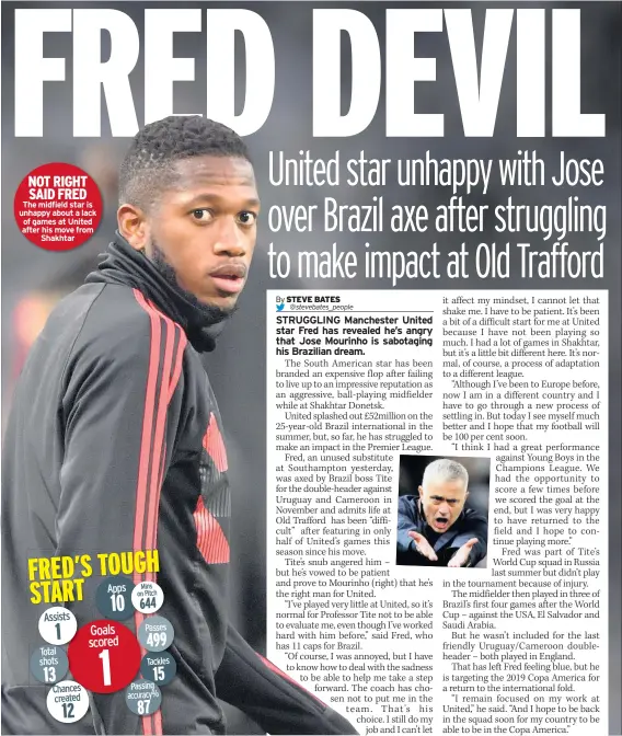  ??  ?? NOT RIGHT SAID FRED The midfield star is unhappy about a lack of games at United after his move from Shakhtar