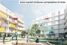  ??  ?? Grüner Innenhof mit Bäumen und Spielplätz­en für Kinder