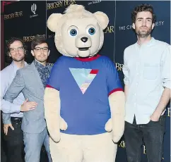  ?? EVAN AGOSTINI / INVISION / AP ?? From left, actor and co-writer Kyle Mooney, producer Jorma Taccone and director Dave McCary pose with Brigsby Bear at a special screening of Brigsby Bear.