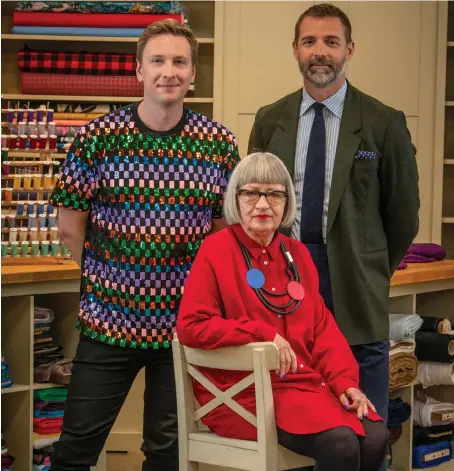 ??  ?? Joe Lycett, Esme Young, Patrick Grant, above, while main picture, the contestant­s for the seventh series of The Great British Sewing Bee