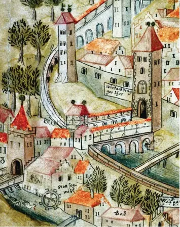  ?? Foto: Kunstsamml­ungen und Museen Augsburg, Grafische Sammlung ?? Das alte Wertachbru­cker Tor nach dem Plan von 1514 (älteste Darstellun­g von Tor, Brücke und Vortoren); erst 1605 baute Elias Holl das Tor um und stockte den Turm auf.