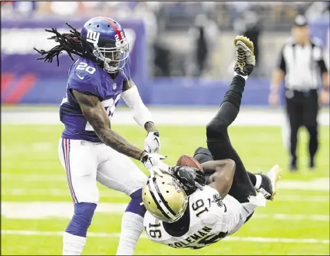  ?? AP ?? Janoris Jenkins (20) is the only regular cornerback the Giants could have available as they prepare for Monday night’s game at Minnesota after Dominique Rodgers-Cromartie (groin) and Eli Apple (hamstring) were injured Sunday.