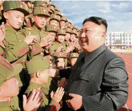  ?? —REUTERS ?? North Korean dictator Kim Jong-un appears unperturbe­d by continuing internatio­nal pressure for him to cease missile and nuclear tests and visits an academy for soldiers celebratin­g its 70th anniversar­y.
