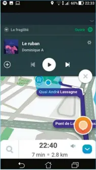  ??  ?? Depuis le mois de mars sur Android et quelques semaines sur iOS, Spotify est intégré à Waze : vous pouvez lancer votre musique préférée directemen­t depuis l’interface de l’applicatio­n de navigation.