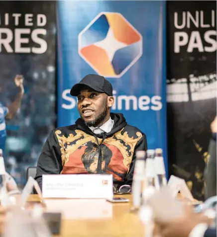  ?? ALEXANDER SCHEUBER ?? SPEAKING HIS MIND: Bundesliga legend Jay Jay Okocha attends the Bundesliga media visit with internatio­nal journalist­s this week in Cologne.