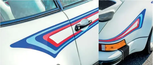  ??  ?? Make mine a Martini! The M432 optional striping kit was applied to many 911s in the 1970s, but it takes more than a splash of red and blue vinyl to make a true Martini Turbo
