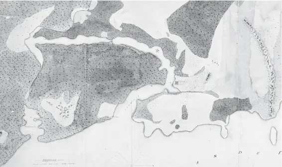  ?? COURTESY HUDSON’S BAY COMPANY ARCHIVES, ARCHIVES OF MANITOBA ?? Central portion of the Ground Plan for New Establishm­ent surveyed by James Douglas in 1842, drawn by Adolphus Lee Lewes.