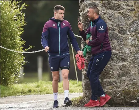  ??  ?? Jokers: Conor Murray, left, and Simon Zebo of Ireland prior to squad training at Carton House in Maynooth, Co. Kildare on Monday afternoon Photo by Seb Daly/Sportsfile