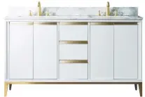  ?? ?? Choosing similar colours and tones when decorating will create a soothing look in a bathroom. Kinwell 60-inch free-standing vanity cabinet in white with rectangula­r basins, $1,248, Homedepot.ca