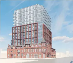  ?? SWEENY AND CO. ARCHITECTS ?? A rendering of the latest design for the redevelopm­ent of the Palace Arms. Market and affordable rentals would be above, and townhouses and retail at grade.