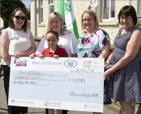  ??  ?? At the raising of the Green and Active flags at Danescastl­e National school recently, Ashleigh Carroll Nugent was presented with a cheque for €1,000 for winning Energia Bliain na Gaeilge Art Competitio­n.From left - Edel Ní Bhraonáin (Conradh na...