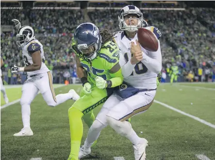  ?? DEAN RUTZ/ASSOCIATED PRESS ?? Richard Sherman and the Seattle Seahawks knocked around L.A. Rams quarterbac­k Jared Goff last season, but the Rams are looking good in the early going this year and lead the NFC West with a 3-1 record, slightly better than the 2-2 Seahawks and Arizona...