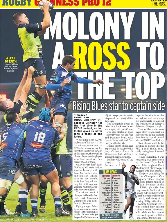  ??  ?? A LEAP OF FAITH Leinster’s Ross Molony takes lineout against Castres