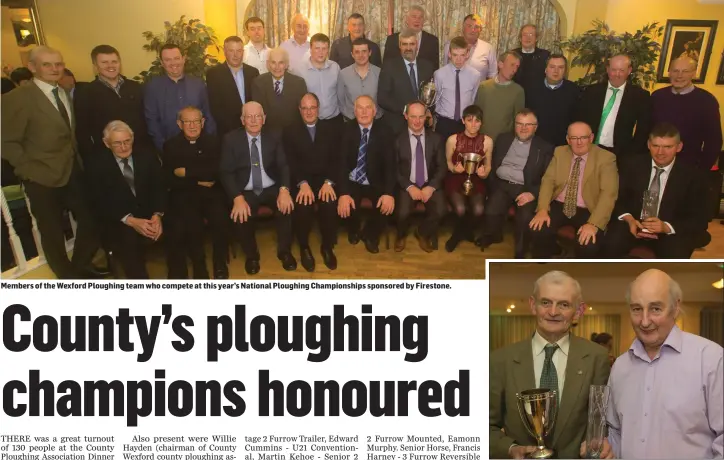  ??  ?? Members of the Wexford Ploughing team who compete at this year’s National Ploughing Championsh­ips sponsored by Firestone. David Livingston receives the Vintage single furrow award from Robert Crosbie, Clongeen Ploughing Committee.