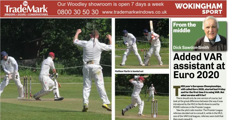  ?? Pictures: Steve Smyth ?? Eversley’s Seb Powers is bowled out by Wargrave’s Alex Hands
Matthew Martin is bowled out
Powers strikes a shot for Eversley 2s