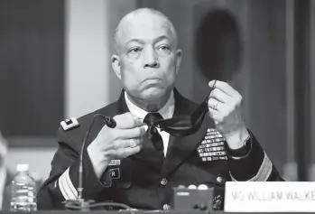  ?? GREG NASH/THE HILL ?? Army Maj. Gen. William Walker, commanding general of the District of Columbia National Guard, testifies during a Senate hearing Wednesday about the delayed response to the Jan. 6 attack on the U.S. Capitol.