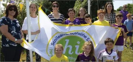  ??  ?? Rathgarogu­e staff and pupils raising their Health Promoting School flag.