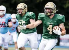  ?? JAMES BEAVER/FOR MEDIANEWS GROUP ?? Lansdale Catholic’s Peter McHugh (4) carries the ball downfield for a big gain against Father Judge last season. In a surprising move, LC will now have a football season.