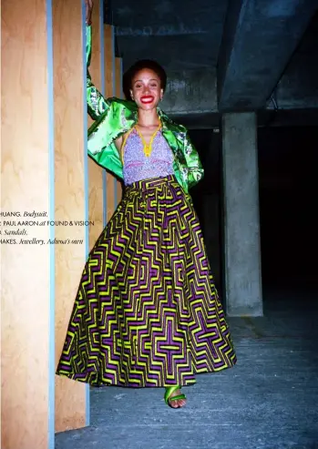  ??  ?? Jacket, £400, LEEANN HUANG. Bodysuit, made to order, PAUL AARON at FOUND & VISION
Skirt, £69.99, KEMI TELFORD. Sandals, custom JULIAN HAKES. Jewellery, Adwoa’s own
Adwoa is the founder of Gurls Talk, a community-led organisati­on dedicated to promoting the mental health and wellbeing of adolescent gxrls and young womxn