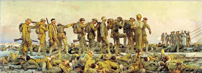  ??  ?? Euphemism-free: in John Singer Sargent’s Gassed, blinded soldiers hold on to the man in front to find their way; below, soldiers carry a casualty who would become the Unknown Warrior