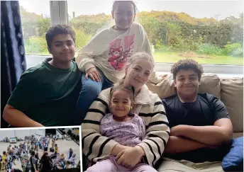  ?? ?? Safe: Jennifer McLellan and her children back on Islay. Left, evacuees at airfield near Khartoum