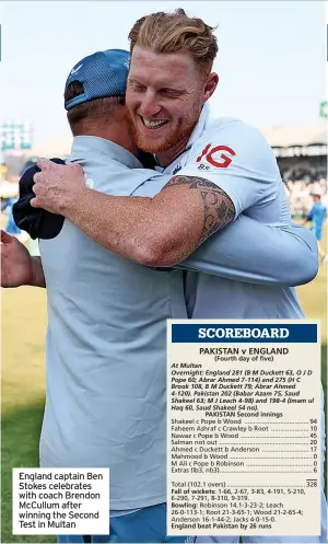  ?? ?? England captain Ben Stokes celebrates with coach Brendon Mccullum after winning the Second Test in Multan