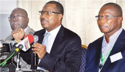  ?? Photo: Ikechukwu Ibe ?? From left: Director Advocate and Communicat­ion, NPHCDA, Dr. Eugene Ovihi-Ivase; ED/CEO NPHCDA, Dr. Faisal Shuaib; and National Measles Technical Coordinati­ng Committee Head, Dr. Joseph Oteri, during a one-day Media Orientatio­n Forum for the 2017/2018...