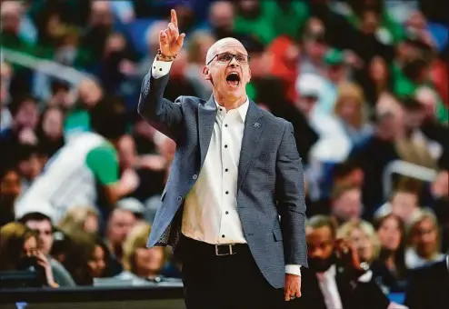  ?? Frank Franklin II / Associated Press ?? UConn coach Dan Hurley motions to players during the first half of an NCAA Tournament loss to New Mexico State on March 17 in Buffalo, N.Y.