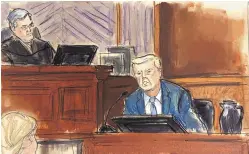  ?? ELIZABETH WILLIAMS/UGCR, ASSOCIATED PRESS ?? In this courtroom sketch on Thursday, Donald Trump testifies in Federal Court, as Judge Lewis Kaplan, left, listens, in New York,