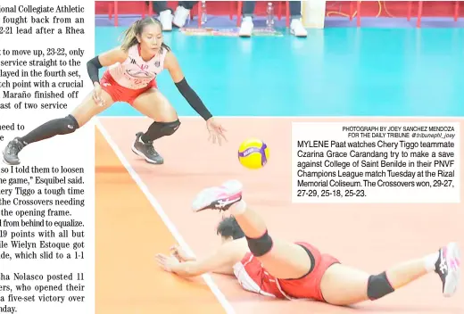  ?? ?? PHOTOGRAPH BY JOEY SANCHEZ MENDOZA
FOR THE DAILY TRIBUNE @tribunephl_joey MYLENE Paat watches Chery Tiggo teammate Czarina Grace Carandang try to make a save against College of Saint Benilde in their PNVF Champions League match Tuesday at the Rizal Memorial Coliseum.The Crossovers won, 29-27, 27-29, 25-18, 25-23.