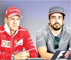  ?? — AFP photo ?? McLaren's Spanish driver Fernando Alonso (R) and Ferrari's German driver Sebastian Vettel attends a press conference ahead at the Hungarorin­g circuit in Budapest on July 27, 2017 prior to the weekend's Hungarian Formula One Grand Prix.