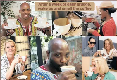  ?? PICTURES: GEOFF BRINK ?? FIXED UP: Getting into the swing of Internatio­nal Coffee Day are (clockwise from top left) Freedom Café barista, Xolani Gumede; Khuthala Magugu prepares a cup at Love Coffee; fashion designer Chantal Collopy, left, and Sandy van Vuuren; Lisa Shenker...