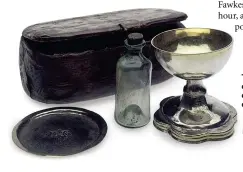  ??  ?? The travelling mass set – this one contains a wine bottle, communion plate, a silver-gilt chalice and a leather box to carry them in – was part of the Catholic missionary’s armoury