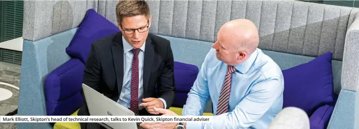  ??  ?? Mark Elliott, Skipton’s head of technical research, talks to Kevin Quick, Skipton financial adviser