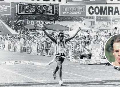  ?? Photos: Gallo Images/Beeld Archives ?? Sam Tshabalala breaks the tape in Durban in his historic victory in the Comrades Marathon on 31 May 1989. Inset: Bruce Fordyce, whose name had become synonymous with the race.