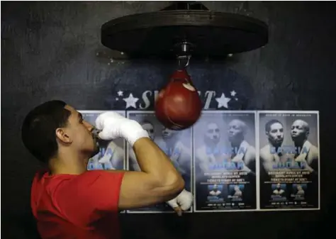  ?? Matt Rourke / Associated Press ?? Boxer Danny Garcia practices during a media workout in Philadelph­ia. Garcia is scheduled to fight Zab Judah on April 27 in New York. The welterweig­ht title bout was left vacant when Floyd Mayweather Jr. retired.