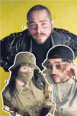  ?? REDES SOCIALES BILLBOARD ?? 1) Post Malone se convierte en el ganador absoluto de esta edición de los premios. 2) Billie Eilish sigue haciendo historia a su corta edad. 3) Bad Bunny se alzó con dos preseas y un mensaje contra el machismo.