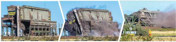  ?? ?? Going . . . going . . . gone: The giant BOS steelmakin­g plant dominating the skyline on Teesside is demolished by workers using nearly two tons of explosives