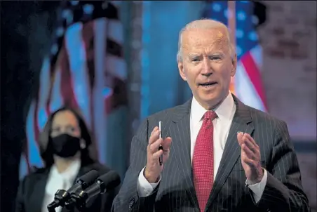  ?? Jim Watson / Getty Images ?? President-elect Joe Biden speaks after a Tuesday meeting with governors in Wilmington, Del.