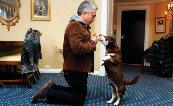  ?? CORNELIUS POPPE / NTB ?? Hundetrene­r Cesar Millan leker med en lancashire heeler, som er hunderasen med lengst forventet levetid i verden.