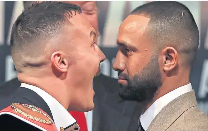  ?? Picture: PA. ?? Josh Warrington, left, goes face-to-face with mandatory challenger Kid Galahad as he prepares for the second defence of his IBF featherwei­ght boxing title on June 15 at Leeds Arena.