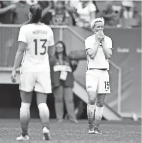  ?? CHRISTOPHE­R HANEWINCKE­L/USA TODAY SPORTS ?? USA midfielder Megan Rapinoe (15) reacts after quarterfin­al loss to Sweden in the 2016 Rio Olympics.